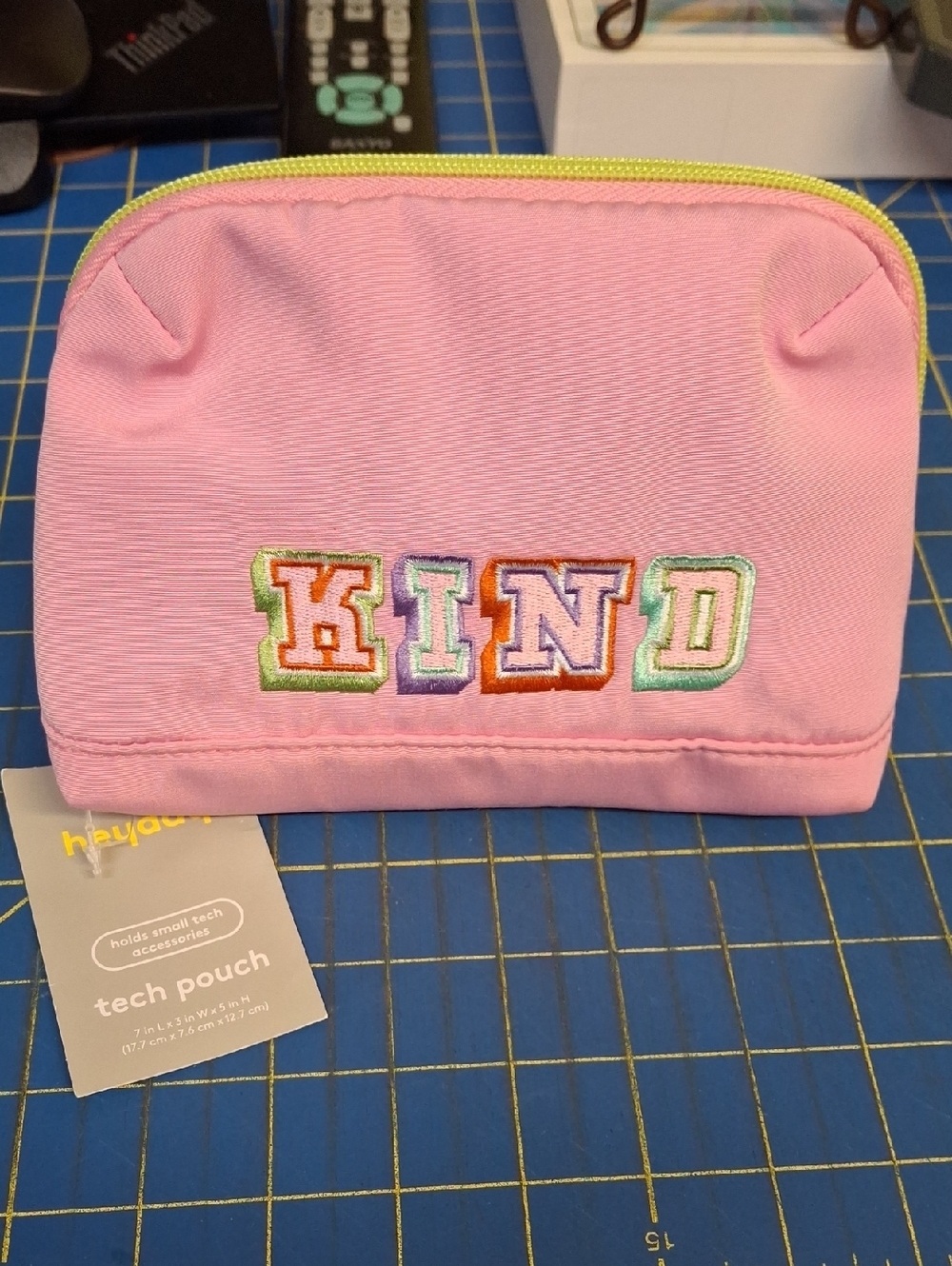 heyday Pink Tech Pouch NWT with Orange Zipper 'KIND' Embroidery